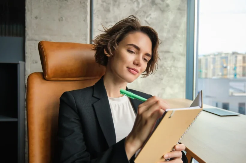 A focused, professional woman in corporate attire sits at a desk, reviewing notes or writing a draft personal statement.